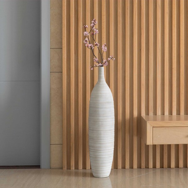 Modern Decorative Bottle Shape White Floor Vase Ribbed Design, 34 Inch